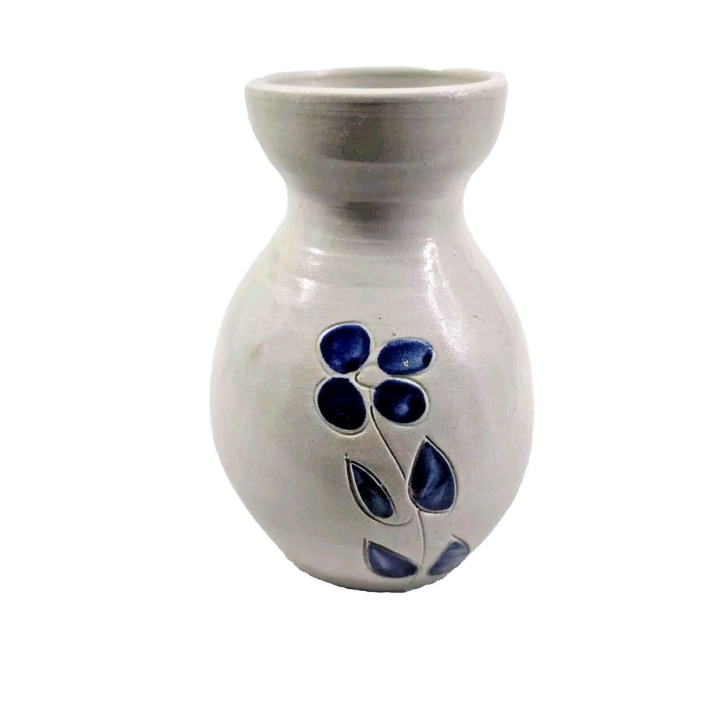 Vintage Salt Glazed Pottery Cobalt Blue Leaf Design Carafe Pitcher Vase 6.5"
